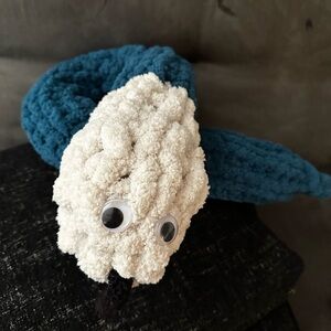 Plush Snake Toy in White and Blue handmade chunky yarn 🧶
